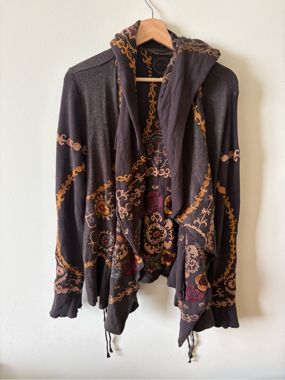 Johnny Was Dark Brown Embroidered Hooded Women's Sweater - Picture 3 of 8
